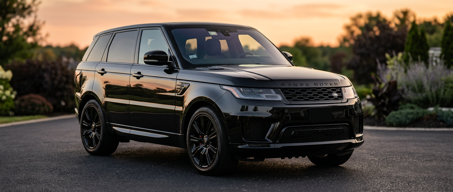 Freshly detailed black Range Rover Sport at golden hour